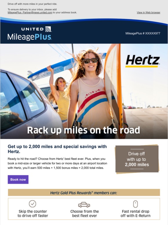 United Airlines Savings and 2,000 miles when you book with Hertz Milled