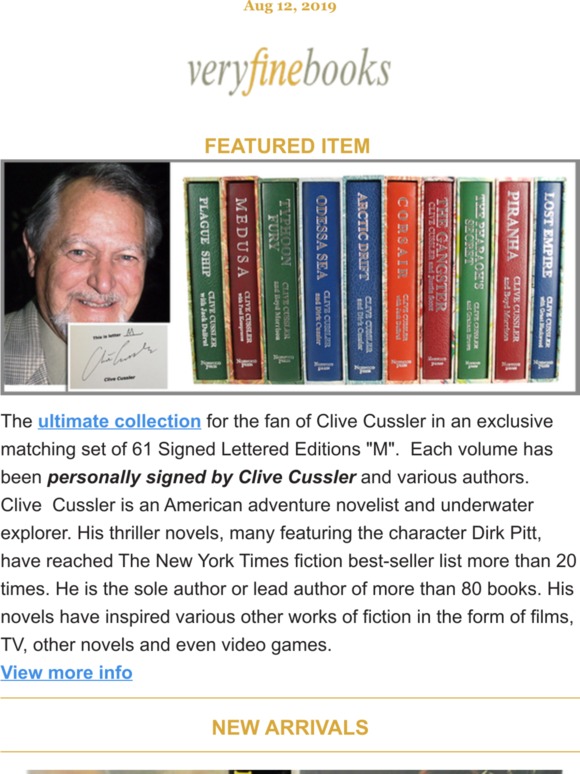 Clive Cussler + New arrivals August 12