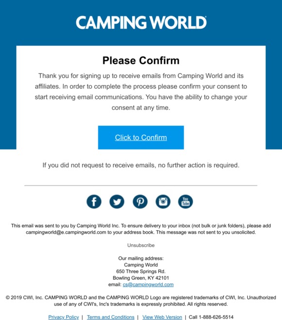 Camping World Please Confirm Your Email Address Milled