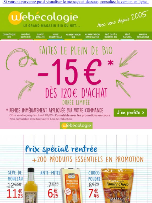 -15 € dès 120 € d'achat cumulable avec les promotions en cours
