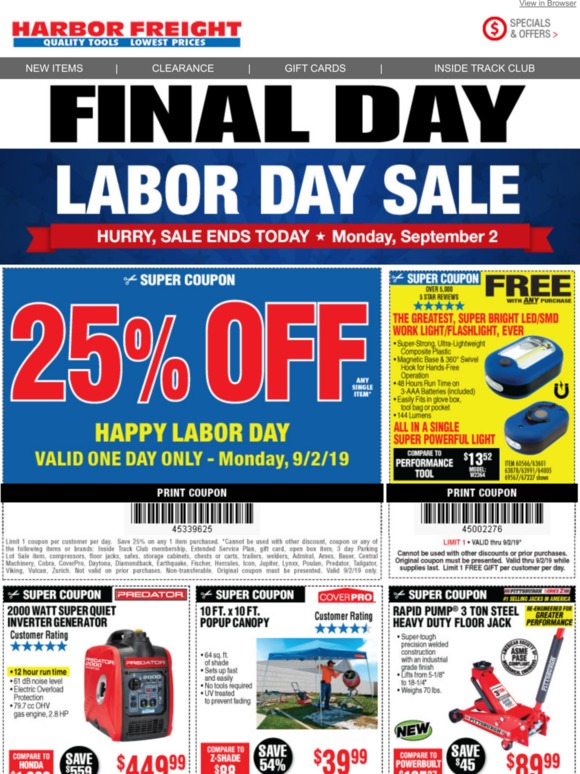 Harbor Freight Tools Your 25 off Coupon is Valid Today Only 📢 Labor