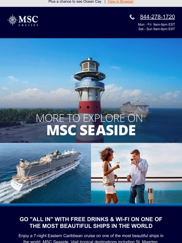 MSC Cruises MSC Seaside with Drinks & WIFI included from 549 Milled