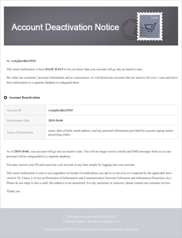 Account Deactivation Notice from DAZE DAYZ