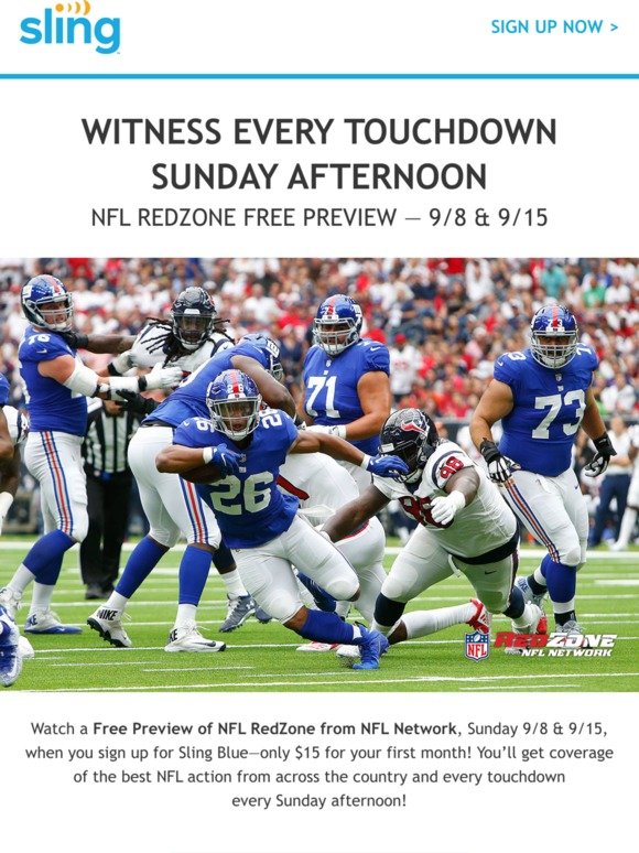 Sling TV - Tell your friends to come on over, Sling Nation! Watch every  touchdown from every game this Sunday afternoon with a FREE preview of NFL  RedZone. Available to all subscribers 