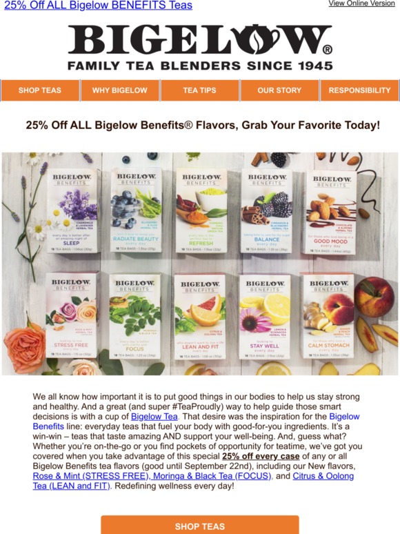 Bigelow Tea 🔥 25 Off All Bigelow BENEFITS Teas Milled
