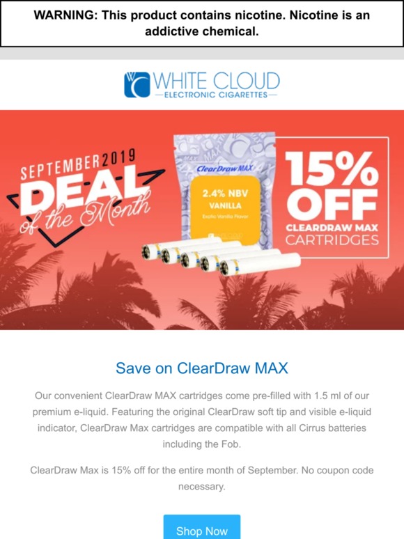 White Cloud Electronic Cigarettes ECig Sale! 15 Off ClearDraw MAX