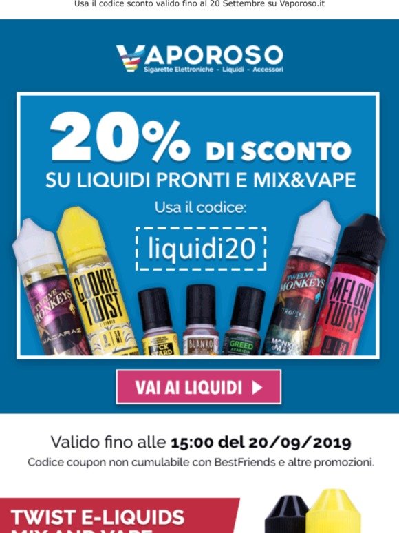, SCONTO 20% su Liquidi Pronti e Mix&Vape