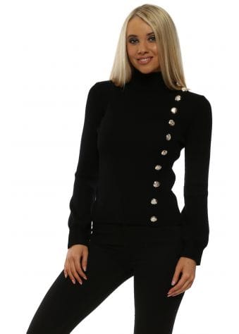 black polo neck jumper with gold buttons