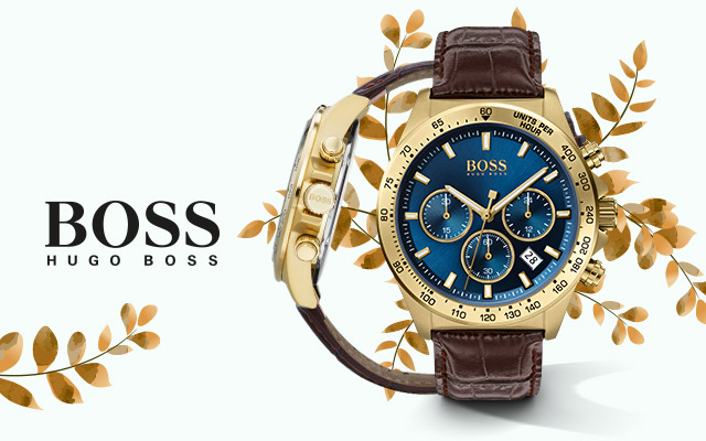 boss hero men's brown leather strap watch