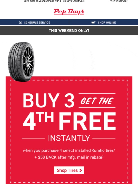 Pep Boys: 4th Tire FREE + $50 Back on Kumho Tires | Milled