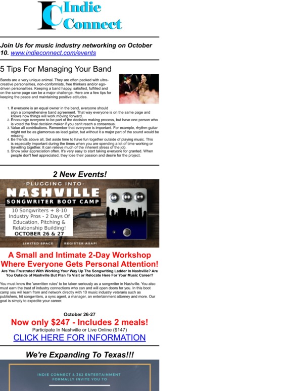New Songwriter Boot Camp + 5 Band Management Tips + We're Expanding to Texas!