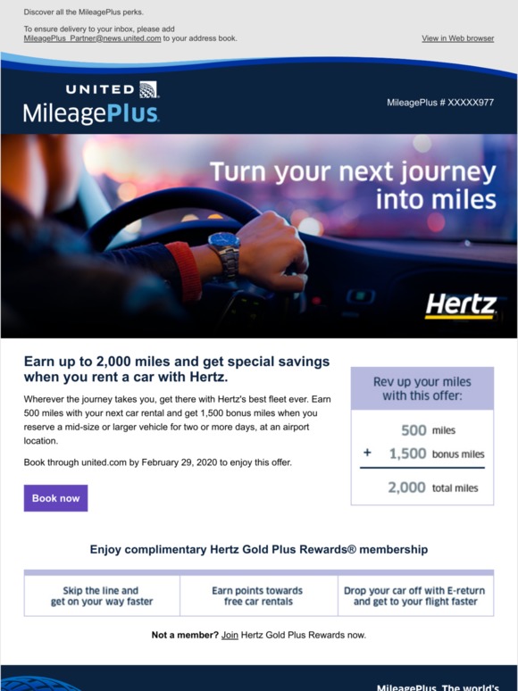 United Airlines Special savings and up to 2,000 miles on car rentals