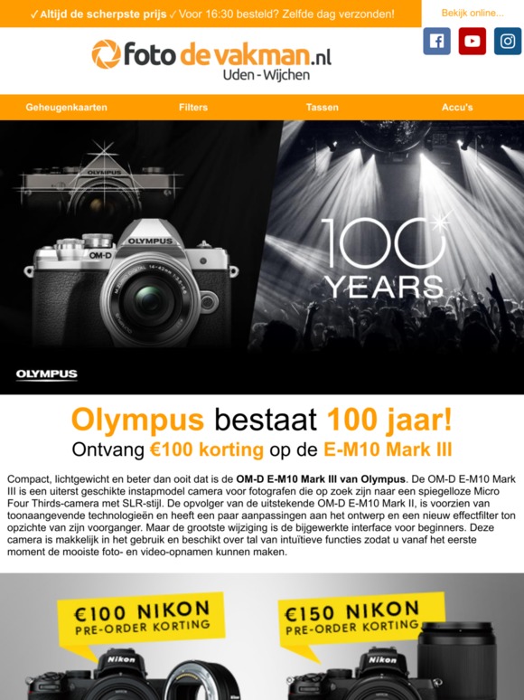 € 100,- directe kassakorting op Olympus E-M10 III