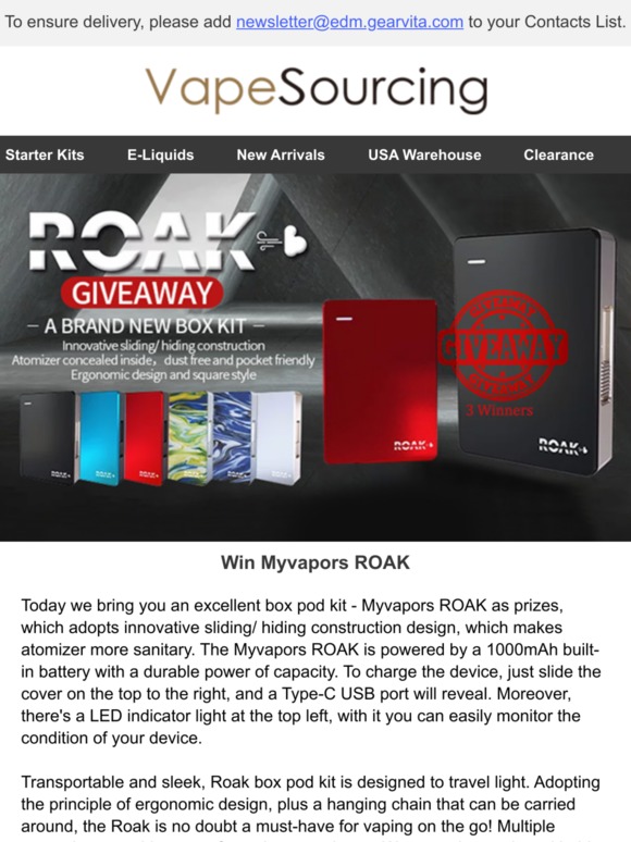 ✨Yes! Vapesourcing New Giveaway is Coming! Join us Win Myvapors ROAK