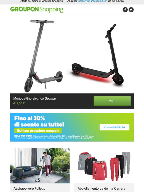 Groupon IT: Monopattino elettrico Segway, Aspirapolvere Folletto,  Abbigliamento da donna Carrera, Orologio da polso e altro ancora | Milled