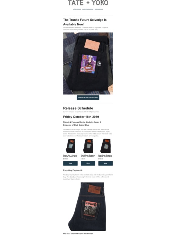 Tate + Yoko Latest Releases, Trunks Future Selvedge, Emperor of Slub