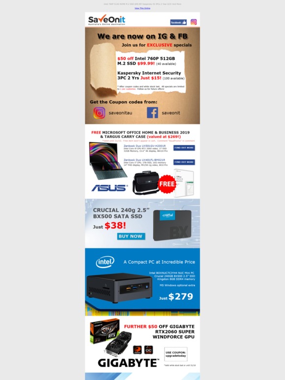 Save On IT Month End Special!  Intel 512G NVME M.2 $99.99, Kaspersky IS 3PCs 2yr $15 and more