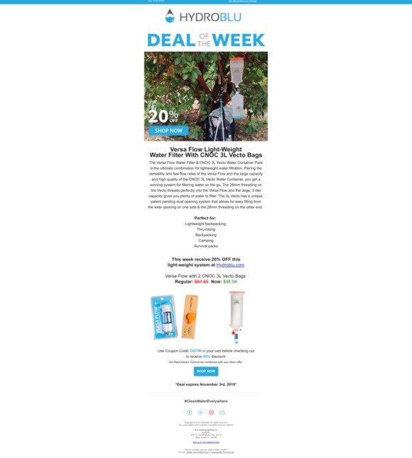 HydroBlu Deal of the Week! 20% OFF the Versa Flow Water Filter & 2 CNOC 3L Vecto Bags