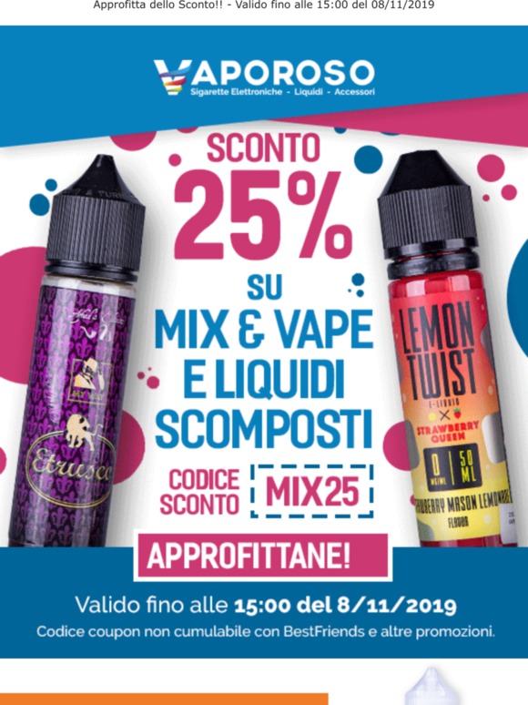 , 25% di Sconto su Mix & Vape e Liquidi Scomposti