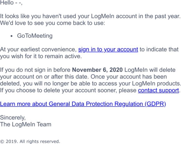 GoToMeeting / GoToWebinar: Your inactive LogMeIn account will soon be