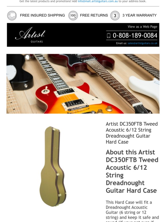 We think you'll love: Artist DC350FTB Tweed Acoustic 6/12 String Dreadnought Guitar Hard Case and more...