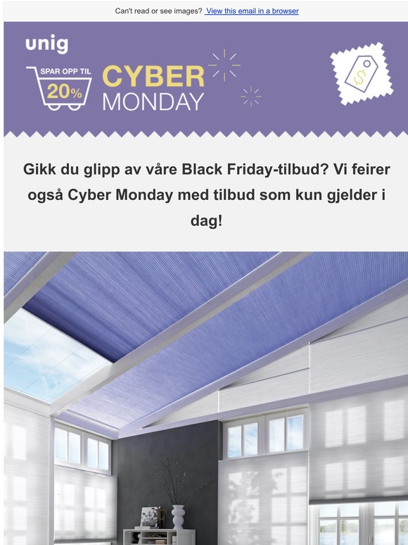 😉=?UTF-8?B?wqBIVVNLIFNwYXIgb3BwIHRpbCAyMCUg?=hos UNIG på Cyber Monday