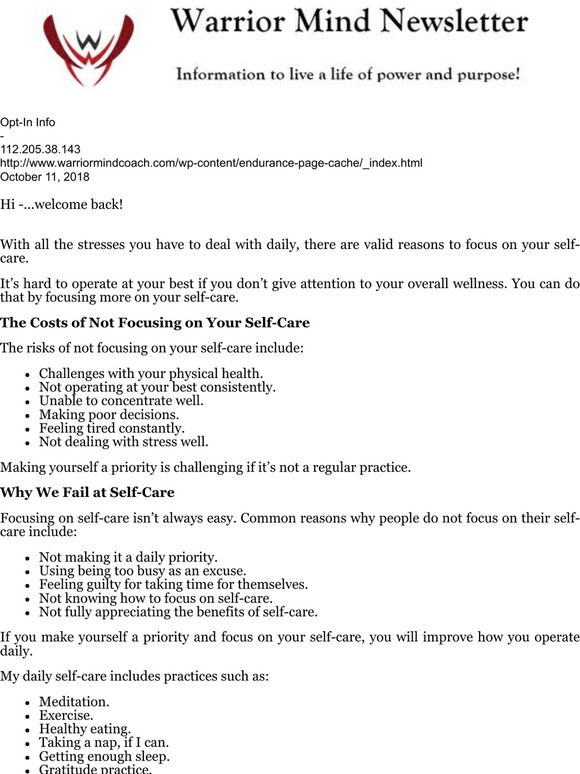 -Warrior Mind Newsletter: How to Focus on Your Self-Care