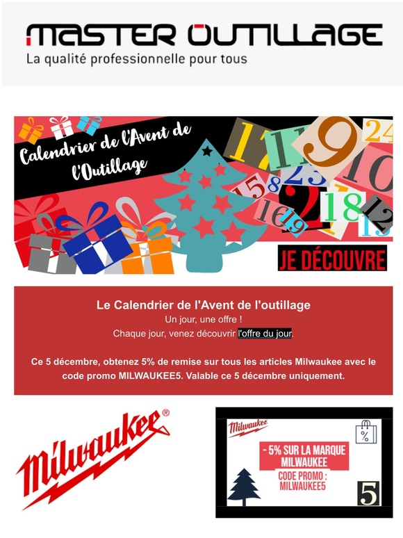 Master Outillage , 5 de remise sur tout Milwaukee pour le calendrier de l