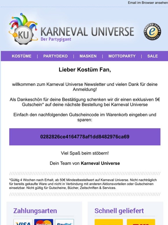 Dein Willkommens-Gutschein von Karneval Universe!