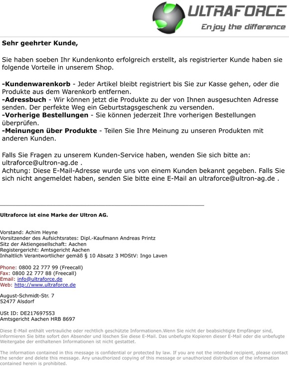 Ultraforce Service Team: Sie haben ihr Kundenkonto erstellt