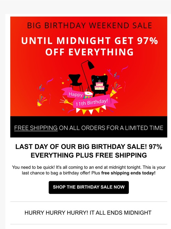 BIG BIRTHDAY WEEKEND SALE! 97% OFF EVERYTHING ENDS TODAY