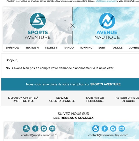 SPORTS AVENTURE:  Abonnement à la newsletter réussi