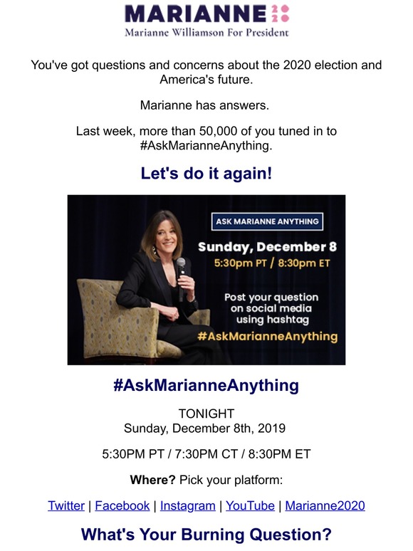 50,000 joined last week, don't miss #AskMarianneAnything TONIGHT