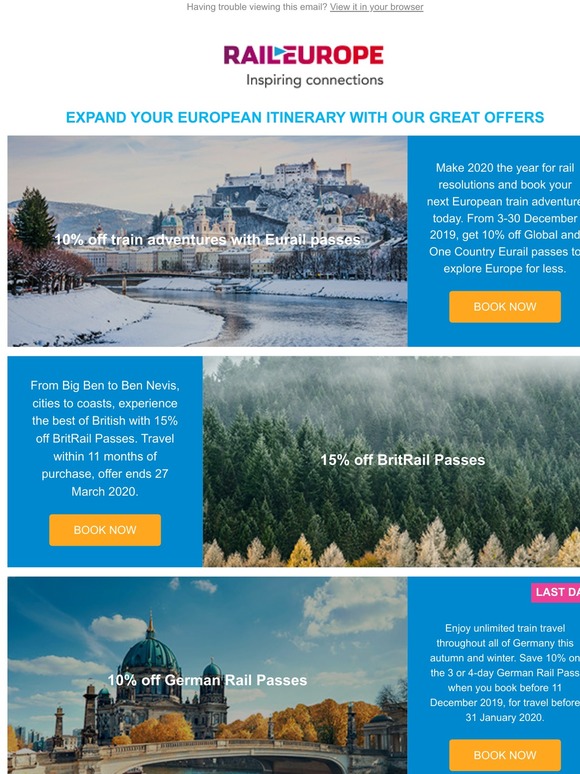 Up to 15% off on European rail passes this winter