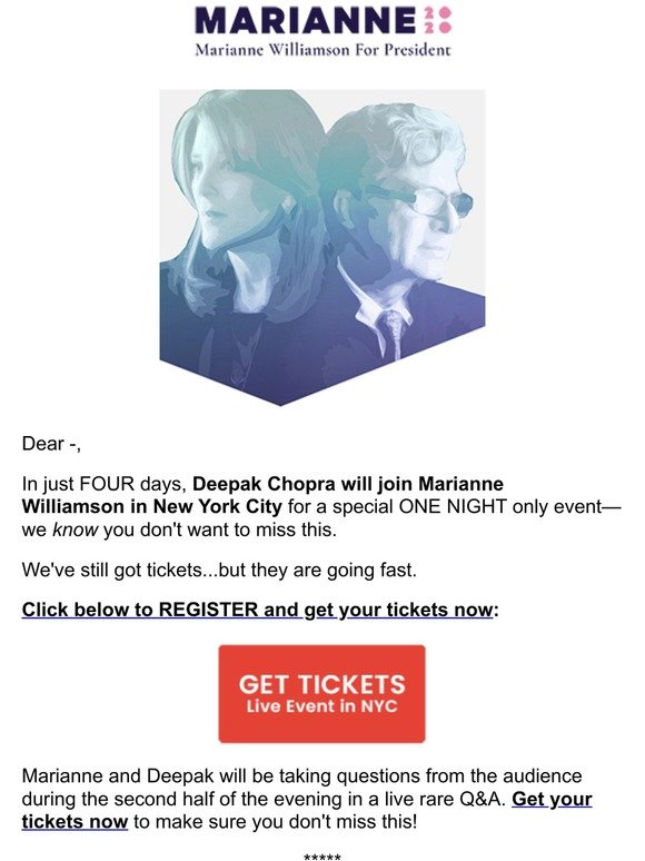 Just FOUR Days Left: Deepak Chopra + Marianne Williamson LIVE in New York City