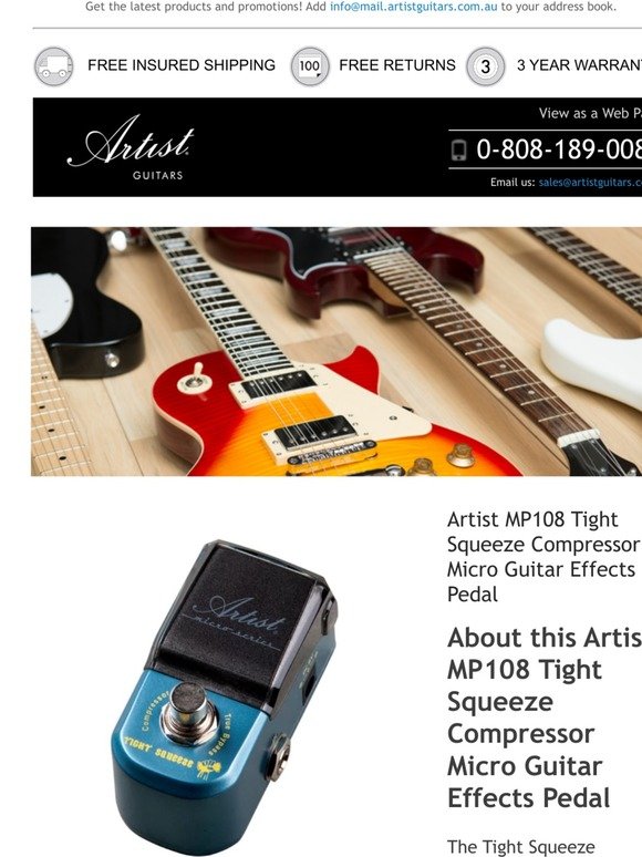 We think you'll love: Artist MP108 Tight Squeeze Compressor Micro Guitar Effects Pedal and more...