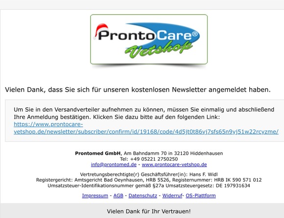 ProntoCare-Vetshop: Anmeldebestätigung für Newsletter