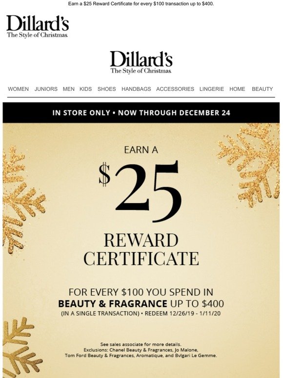 Dillards: Beauty & Fragrance: Spend & Earn Reward Certificates