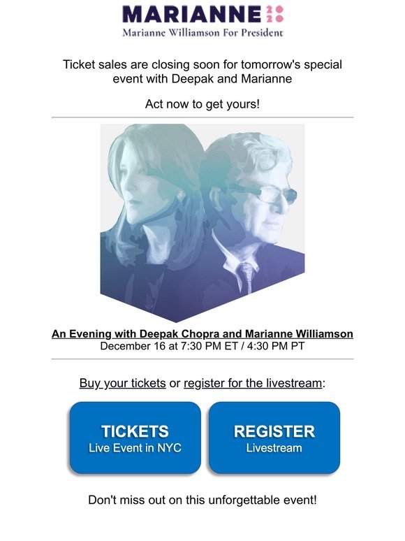 Final day until an Evening with Deepak and Marianne