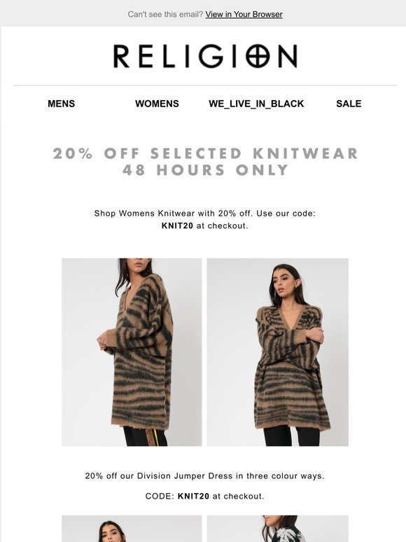 Religion Clothing UK: 20% OFF KNITWEAR 