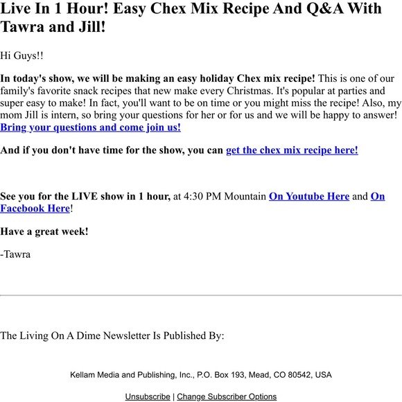 Live In 1 Hour! Easy Chex Mix And Q&A With Tawra and Jill!