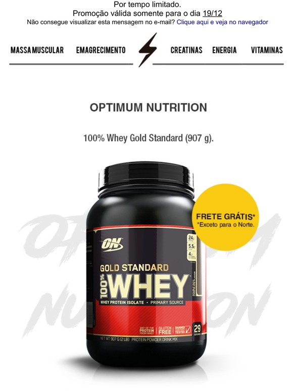 Whey Gold Standard R$129 + Frete grátis.