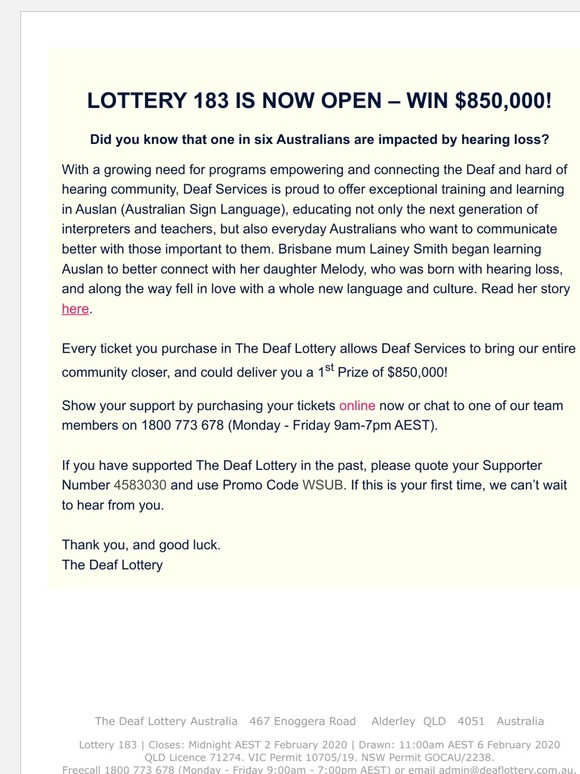 Deaf Lottery Lottery 183 is now open WIN 850,000! Milled