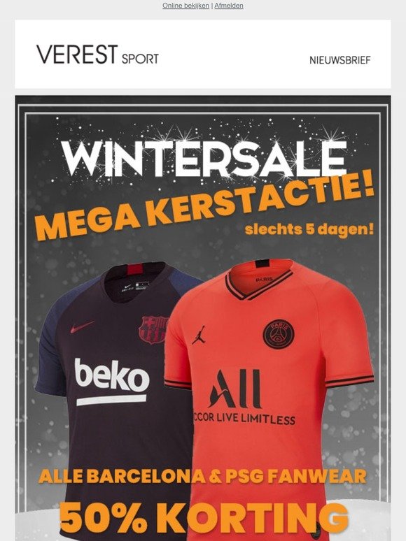MEGA Kerst Actie: 50% KORTING op alle Barcelona en PSG Fanwear. Slechts 5 dagen! OP=OP | Zondag open