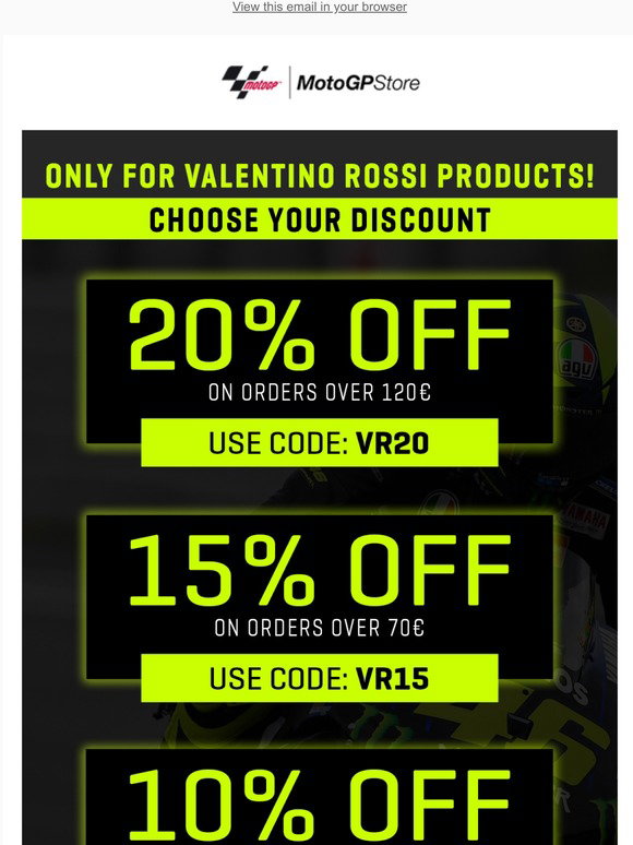 emne købe hjort Moto GP Store: Choose your discount 📢 Up to 20% off in Valentino Rossi  products | Milled