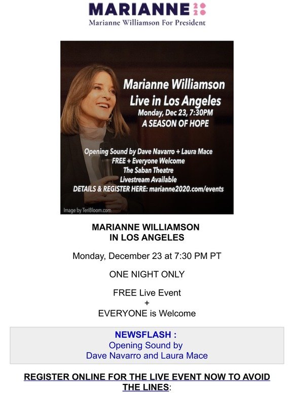 Dave Navarro + Marianne Williamson LIVE in Los Angeles