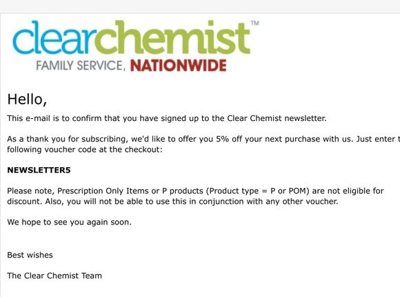 Clear Chemist - newsletter subscription success