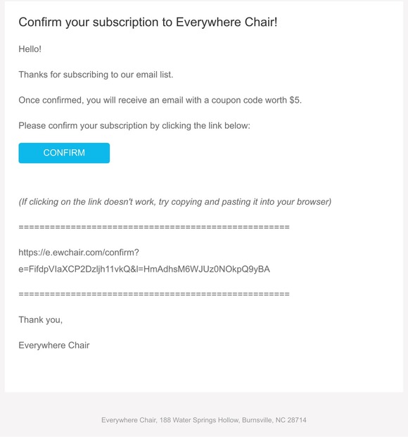 Everywhere Chair Llc Confirm Your Subscription To Everywhere Chair Milled