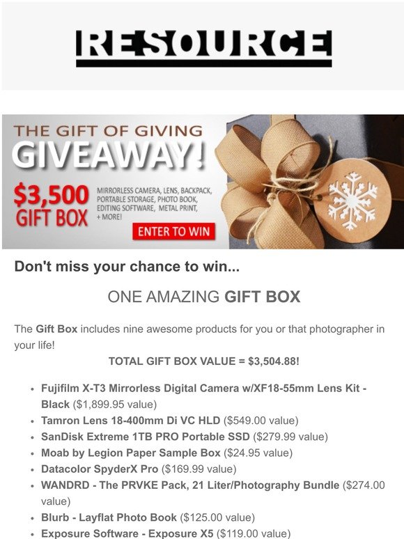 Ending Soon... GIVEAWAY - Win a $3,500 photographer gift box