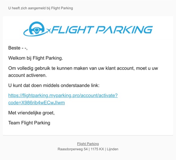Verifieer uw emailadres bij Flight Parking